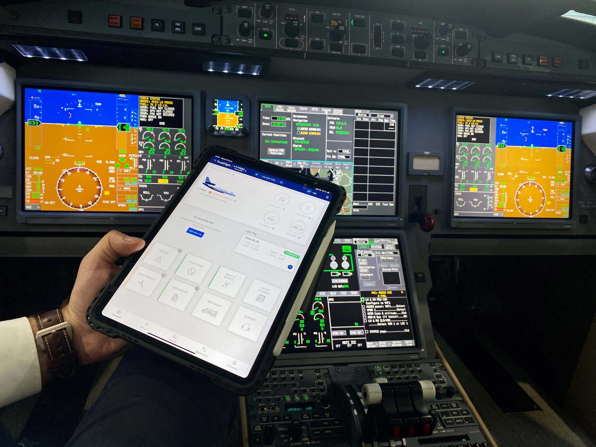 TrustFlight Electronic Logbook displayed in Dassault Falcon Service aircraft cockpit EFB. 