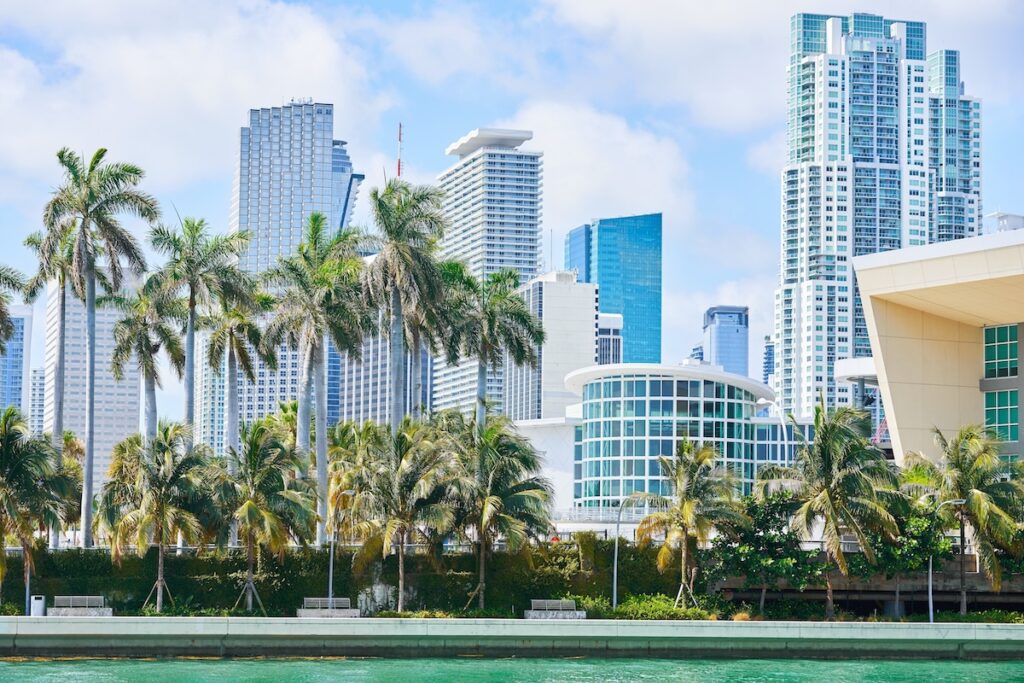 Picture of Miami skyscrapers in city center.