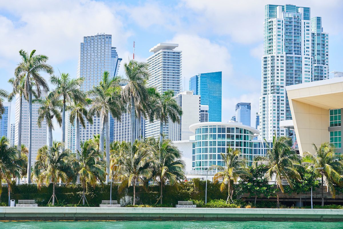 Picture of Miami skyscrapers in city center.