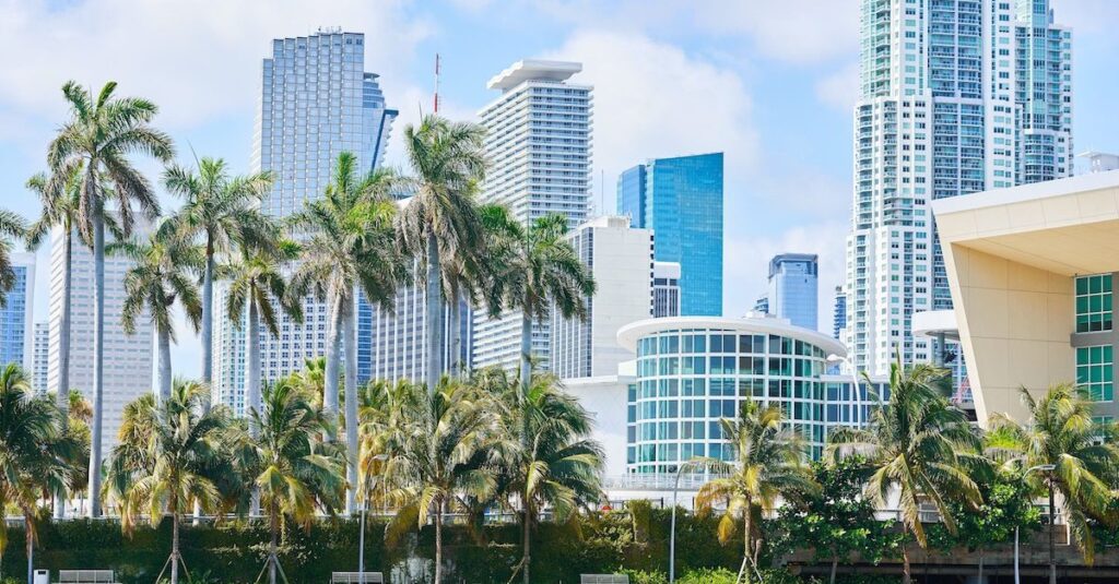 Picture of Miami skyscrapers in city center.
