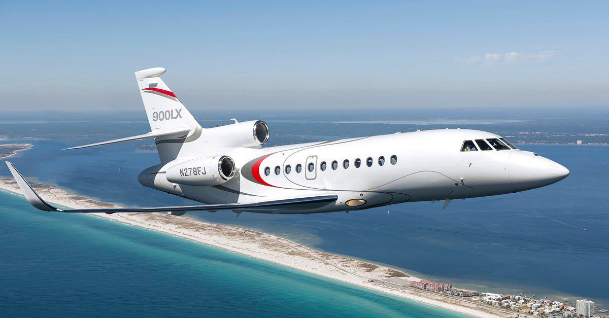 Dassault Falcon Jet airplane flying in the air