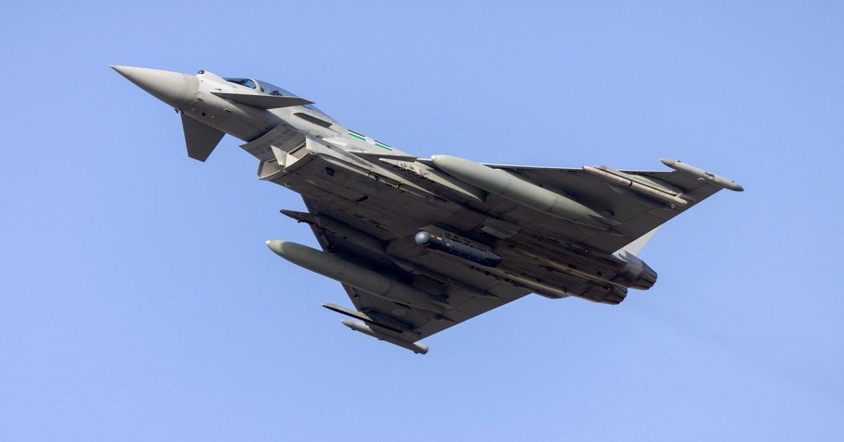 Luqa, Malta - October 3, 2024: 1 of 6 Royal Air Force Eurofighter EF-2000 Typhoon FGR4 (REG: ZK358) taking off after a technical stop.