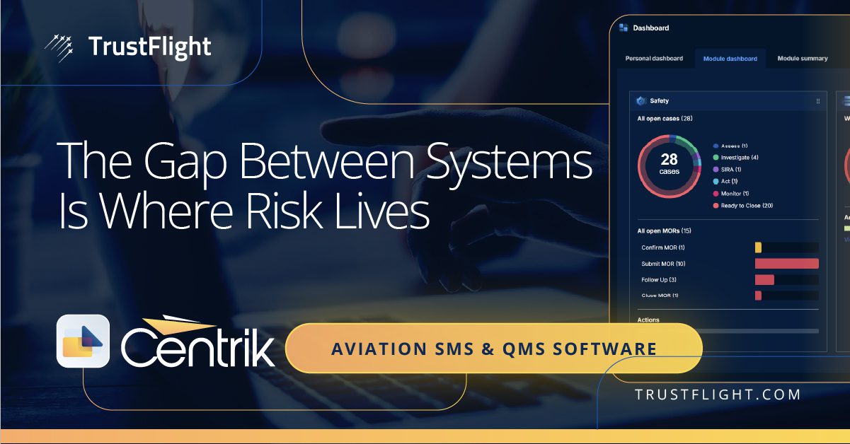 Title card image for TrustFlight article that reads "The Gap Between Systems Is Where Risk Lives"