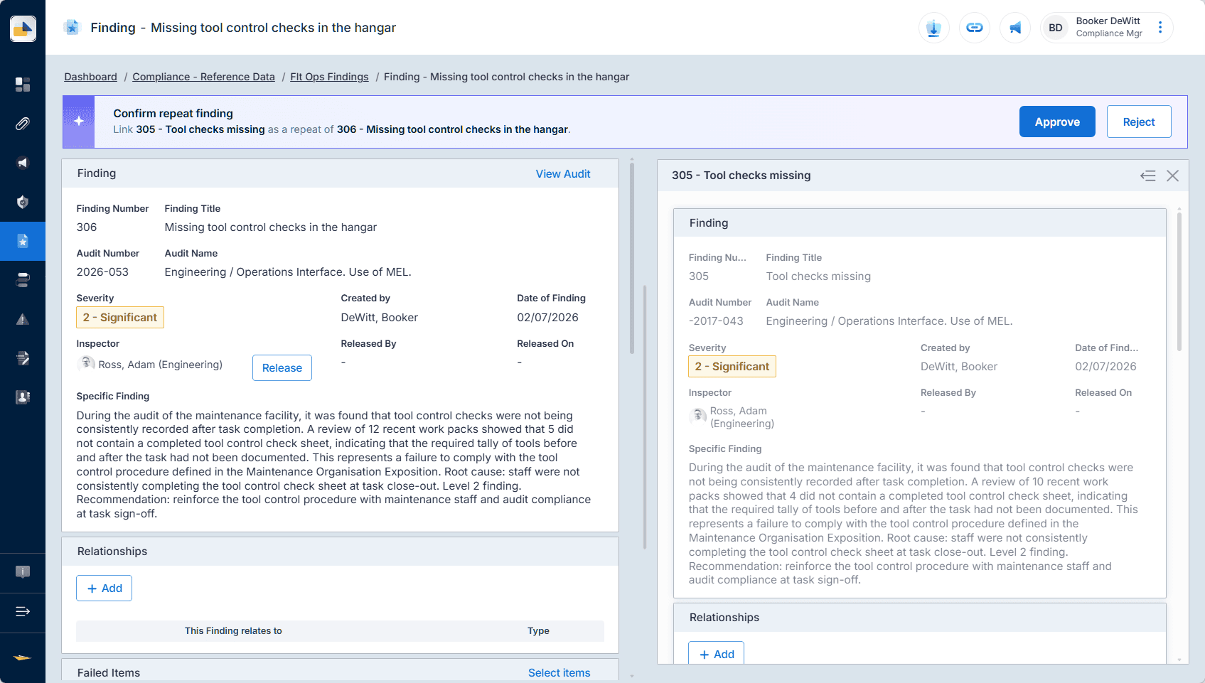 Centrik Smart Suggestions confirming a repeat audit finding, comparing the new finding with a previous one side by side with Approve and Reject controls for the auditor