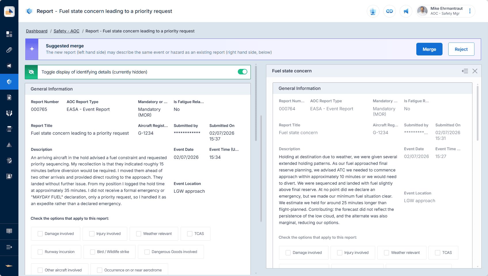 Centrik Smart Suggestions flagging two safety reports that describe the same event, shown side by side with Merge and Reject controls for the safety officer
