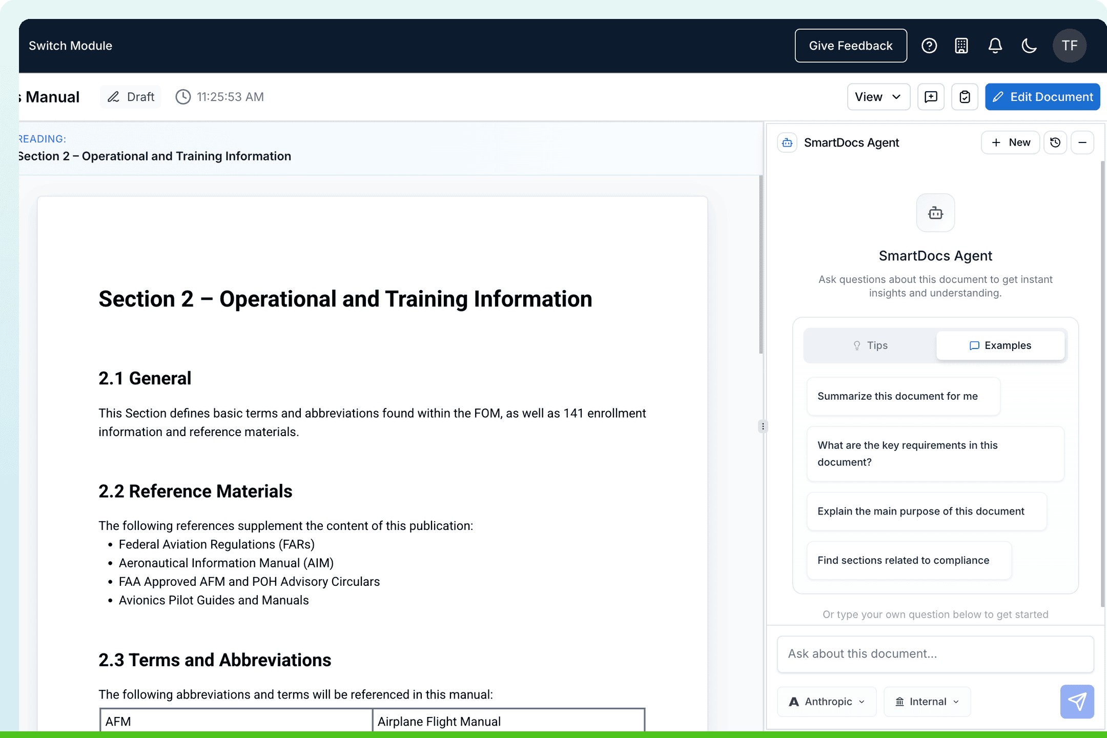Smart Documents AI assistant answering questions about an aviation manual to give instant insights