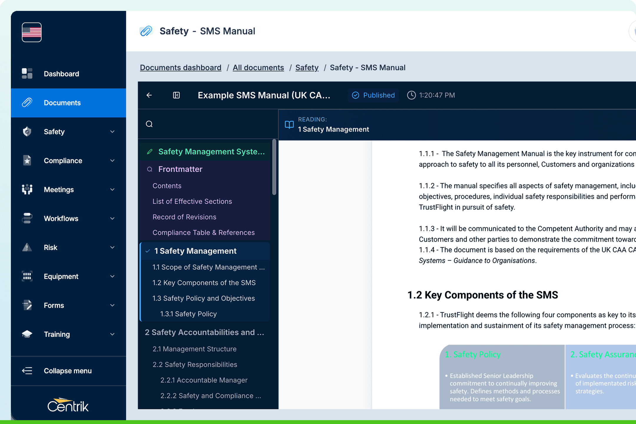 Smart Documents published SMS manual distributed and read within the Centrik safety management platform