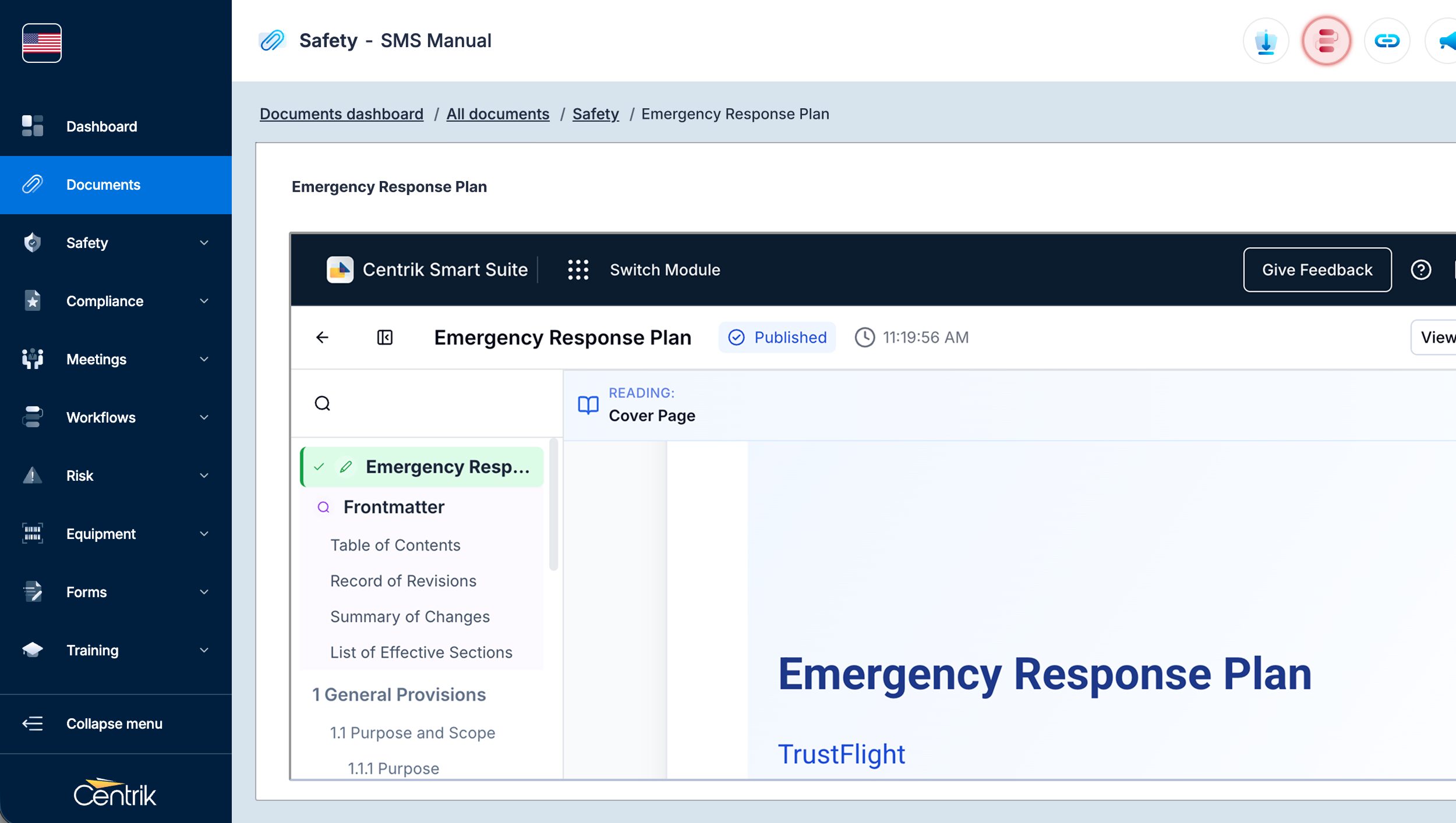 A manual authored in Smart Documents, published to and read in the Centrik Documents module
