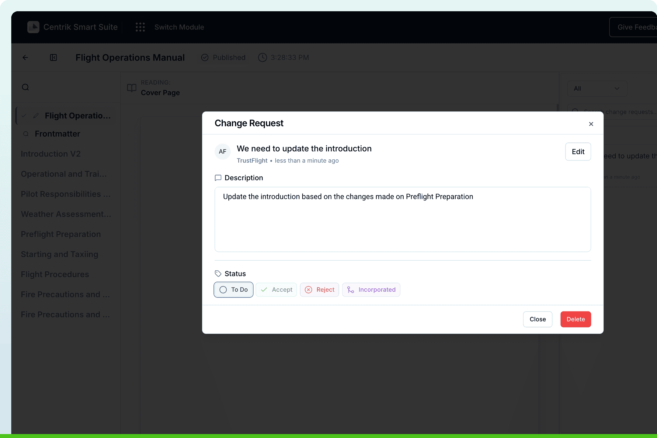 Smart Documents change request workflow with accept, reject, and incorporated status options on an aviation Flight Operations Manual