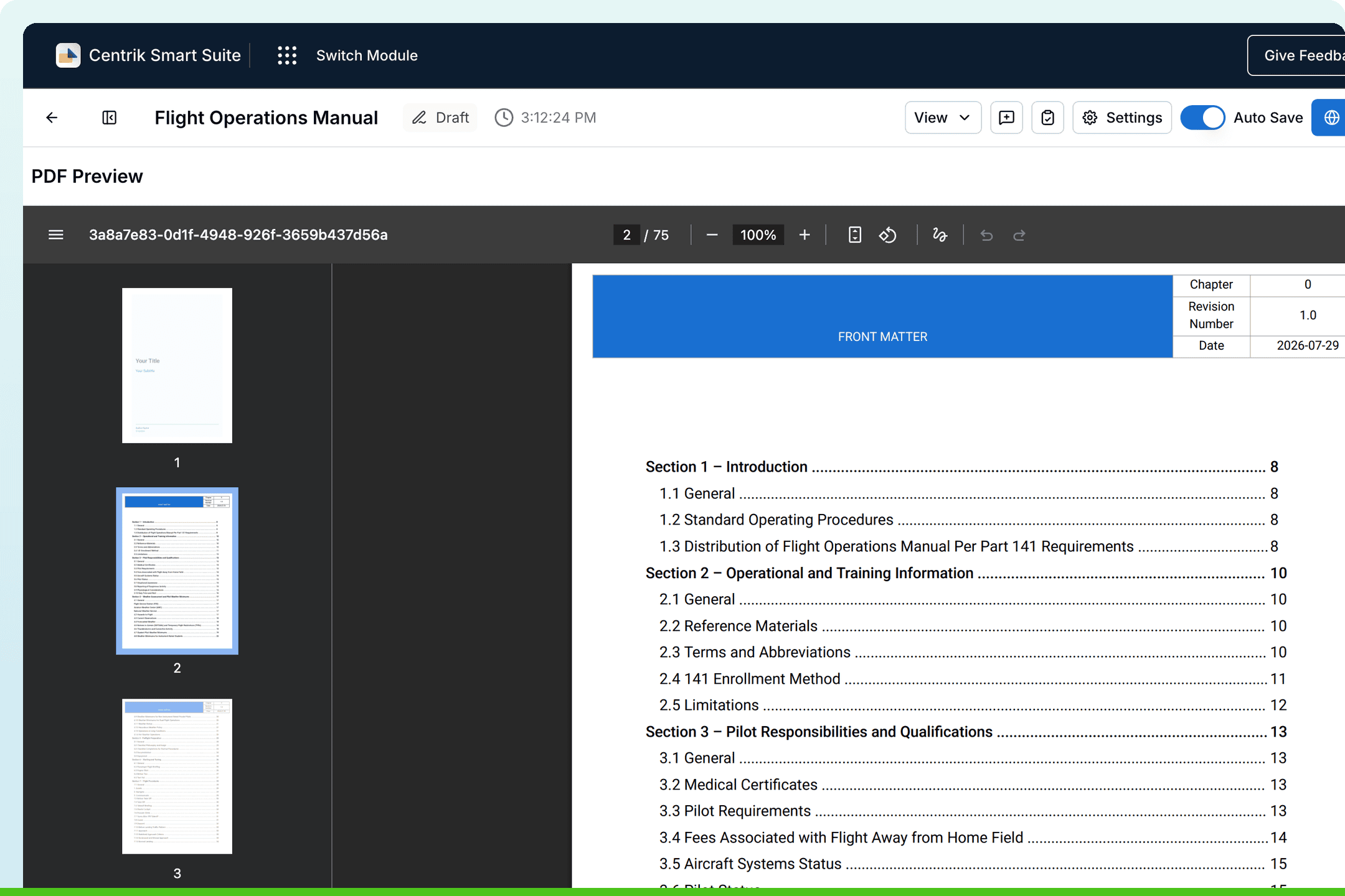 Smart Documents compliance artefact exported as a formatted PDF preview of an aviation Flight Operations Manual