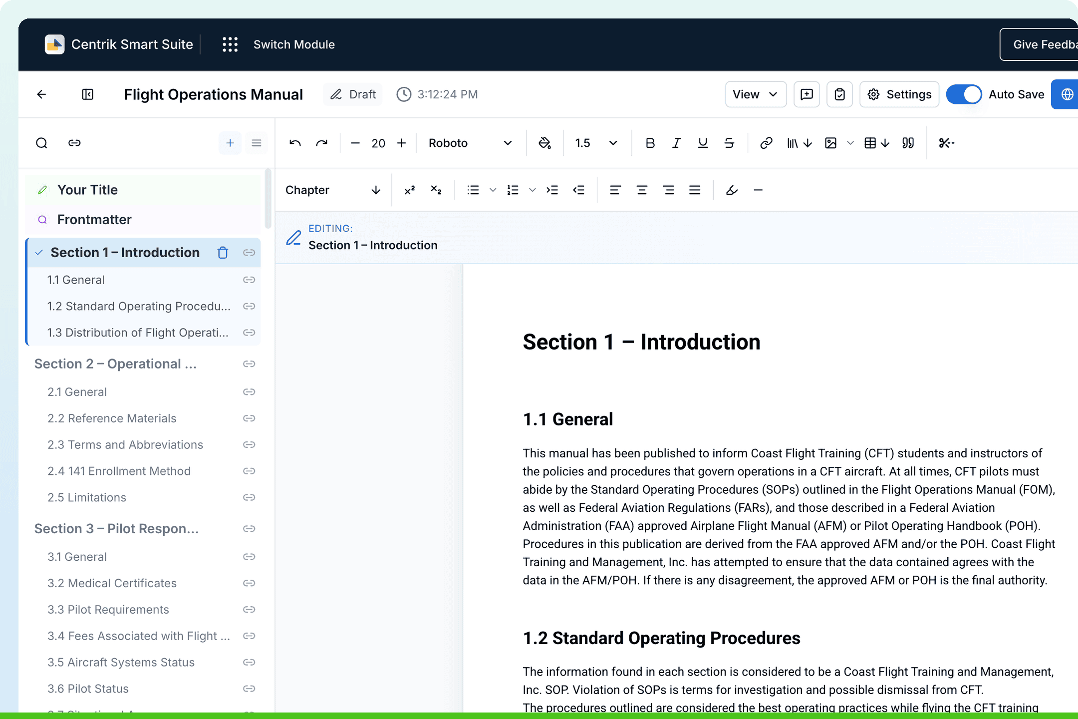 Smart Documents authoring interface for editing an aviation Flight Operations Manual with structured sections and formatting tools