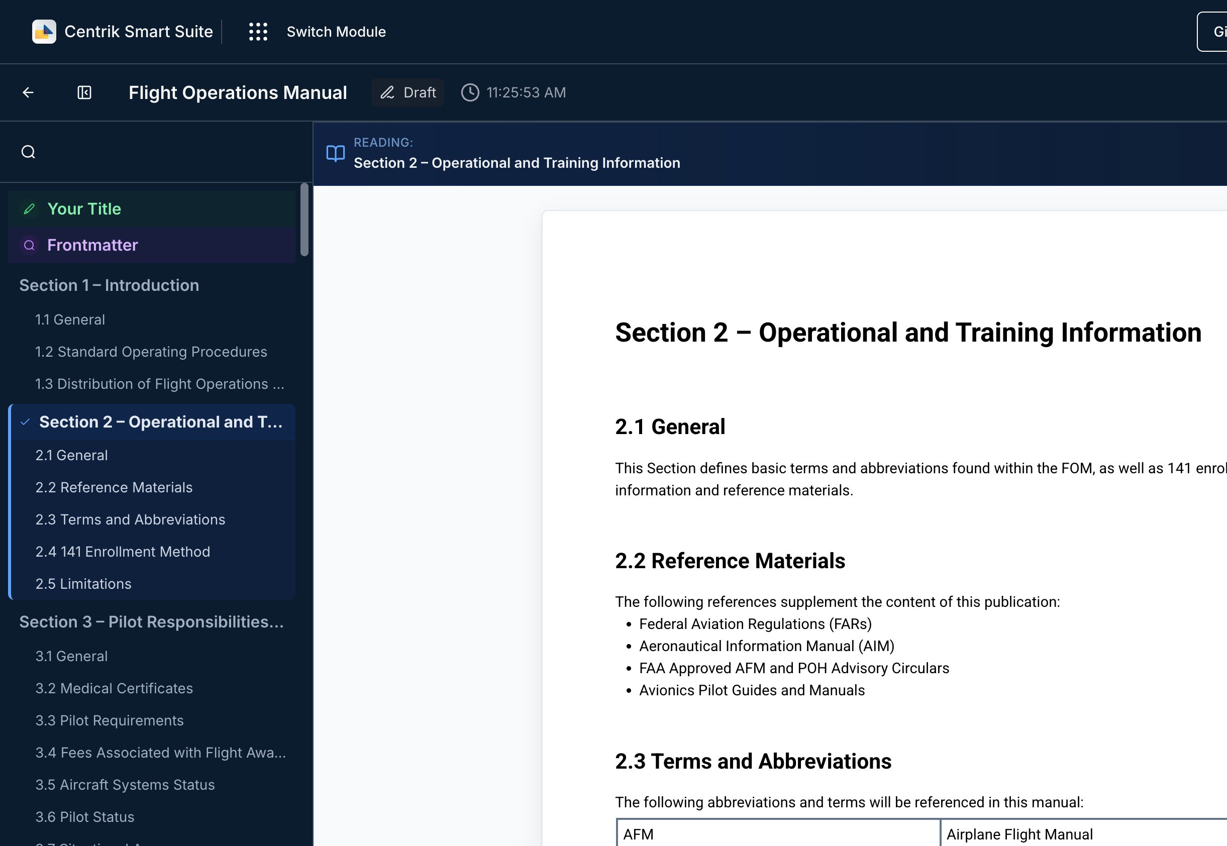 Smart Documents platform showing an aviation Flight Operations Manual in the editor