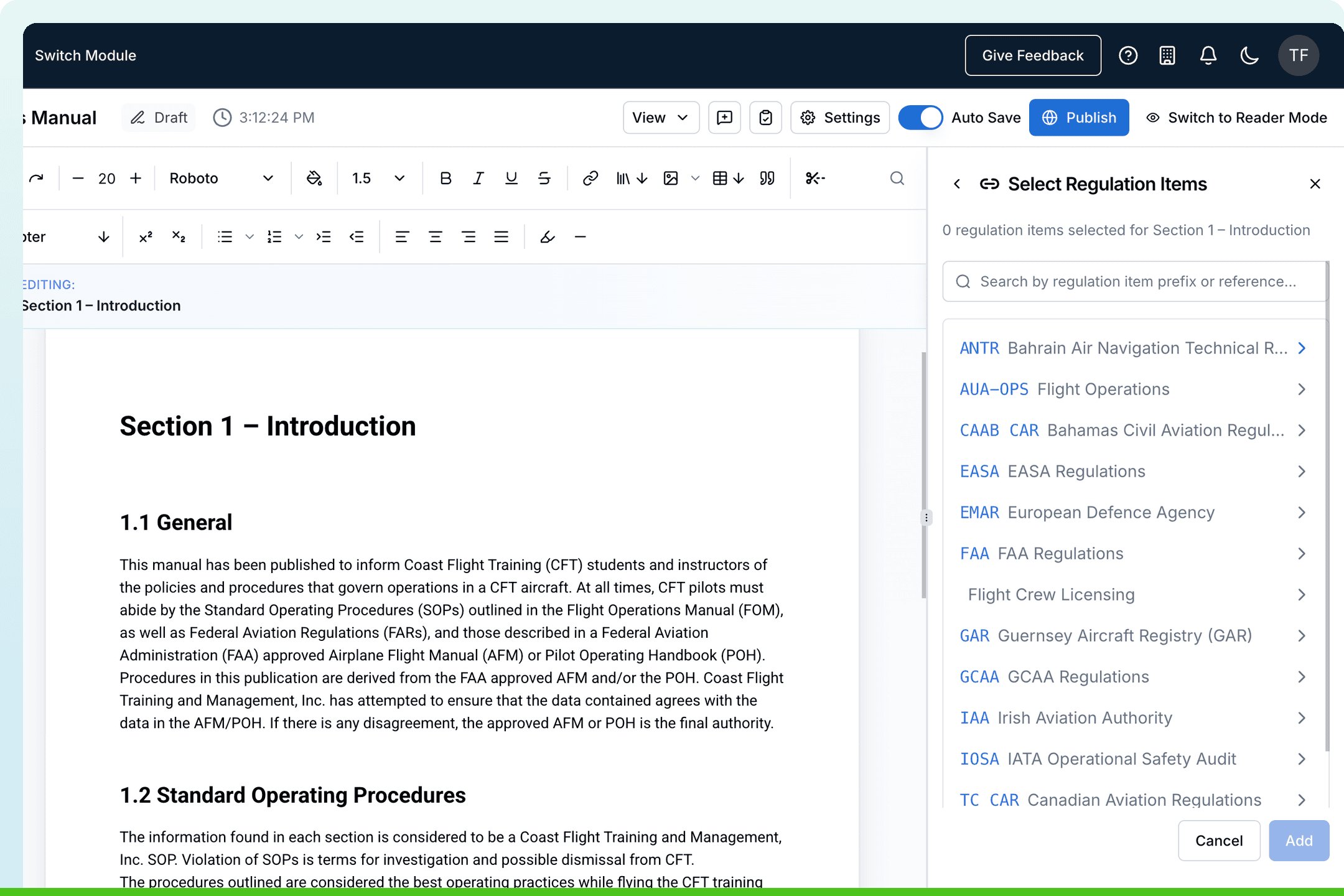 Smart Documents editor linking manual sections to regulatory reference items across EASA, FAA, and other global civil aviation authorities